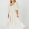New Worth Collective 100% Cotton Crissy Ruched Midi Dress in Cream - Bump Friendly