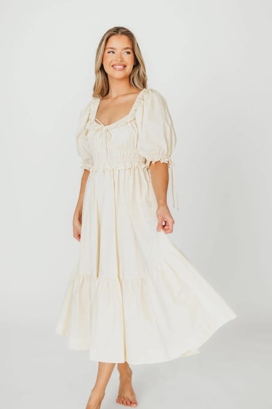 New Worth Collective 100% Cotton Crissy Ruched Midi Dress in Cream - Bump Friendly
