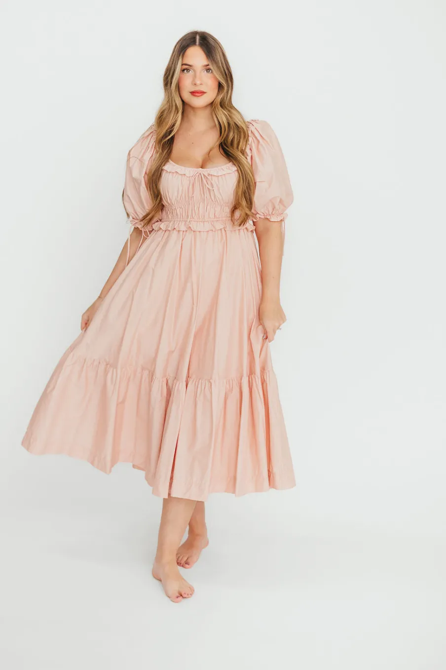 Clearance Worth Collective 100% Cotton Crissy Ruched Midi Dress in Dusty Pink - Bump Friendly