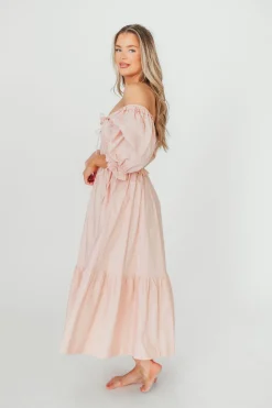 Clearance Worth Collective 100% Cotton Crissy Ruched Midi Dress in Dusty Pink - Bump Friendly