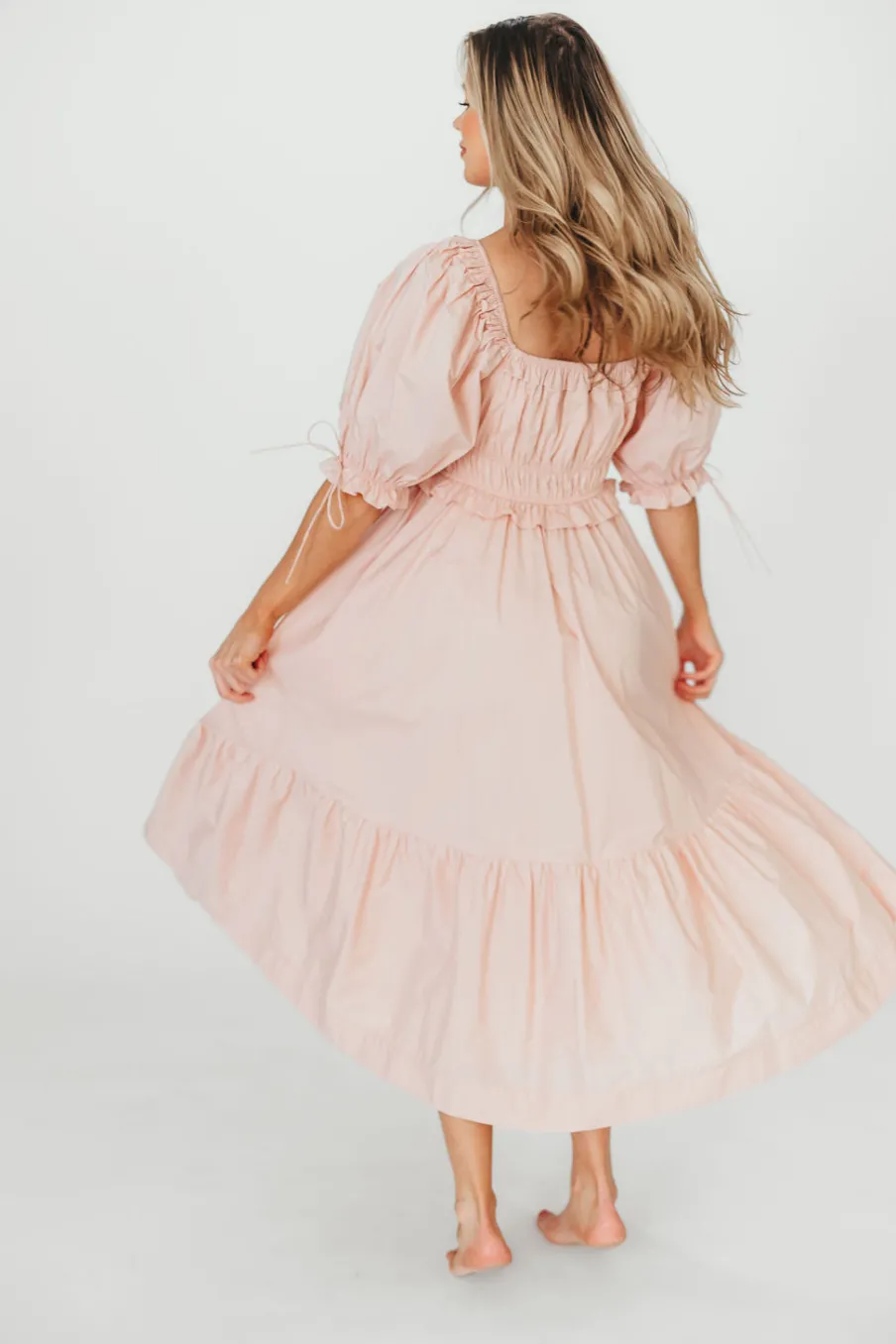 Clearance Worth Collective 100% Cotton Crissy Ruched Midi Dress in Dusty Pink - Bump Friendly