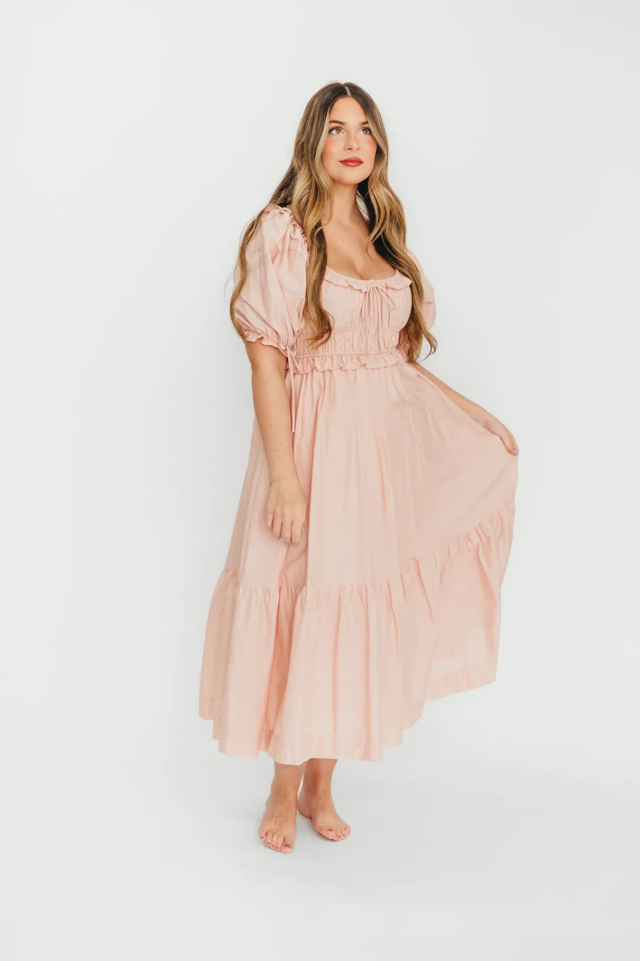 Clearance Worth Collective 100% Cotton Crissy Ruched Midi Dress in Dusty Pink - Bump Friendly