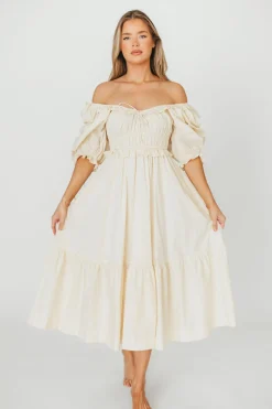 New Worth Collective 100% Cotton Crissy Ruched Midi Dress in Cream - Bump Friendly