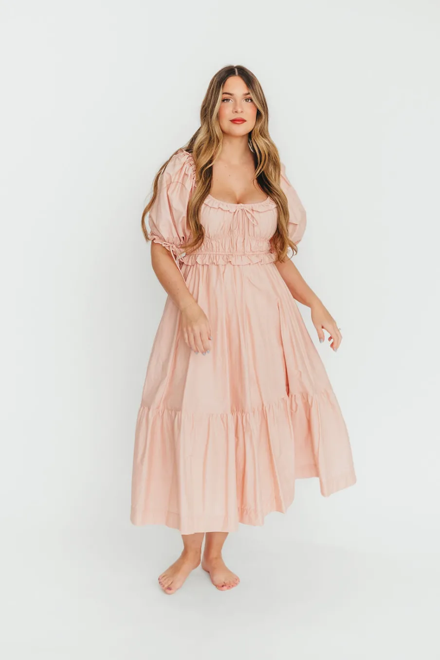Clearance Worth Collective 100% Cotton Crissy Ruched Midi Dress in Dusty Pink - Bump Friendly