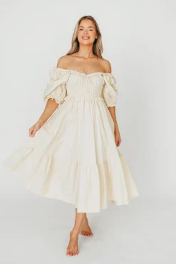 New Worth Collective 100% Cotton Crissy Ruched Midi Dress in Cream - Bump Friendly