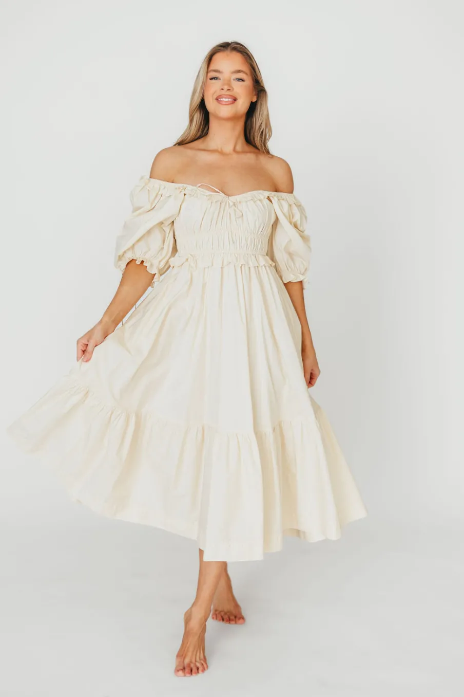 New Worth Collective 100% Cotton Crissy Ruched Midi Dress in Cream - Bump Friendly