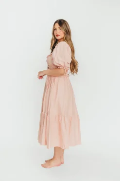 Clearance Worth Collective 100% Cotton Crissy Ruched Midi Dress in Dusty Pink - Bump Friendly