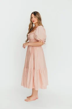 Clearance Worth Collective 100% Cotton Crissy Ruched Midi Dress in Dusty Pink - Bump Friendly