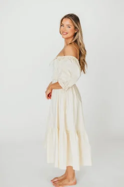 New Worth Collective 100% Cotton Crissy Ruched Midi Dress in Cream - Bump Friendly