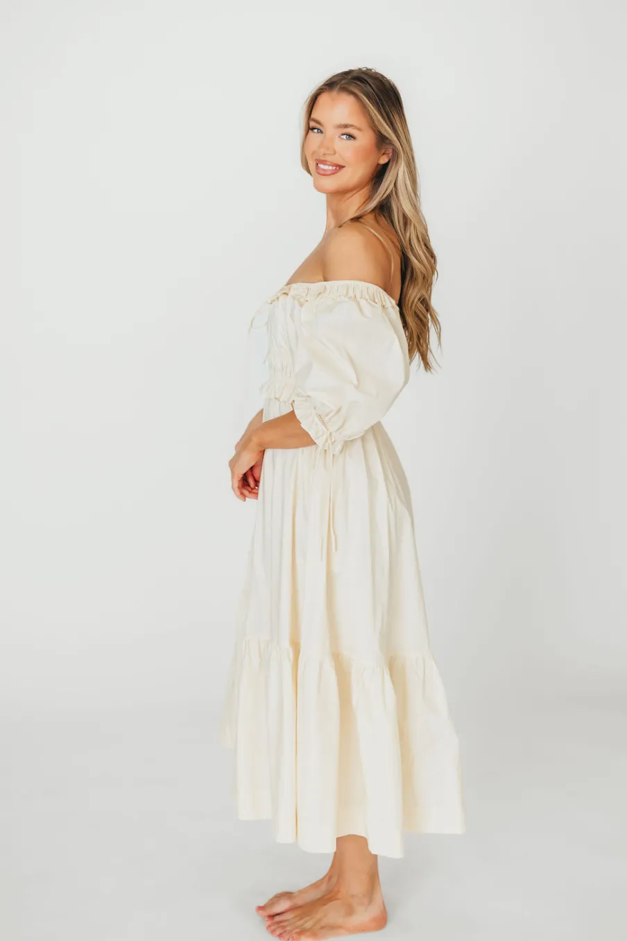 New Worth Collective 100% Cotton Crissy Ruched Midi Dress in Cream - Bump Friendly