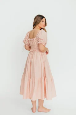 Clearance Worth Collective 100% Cotton Crissy Ruched Midi Dress in Dusty Pink - Bump Friendly