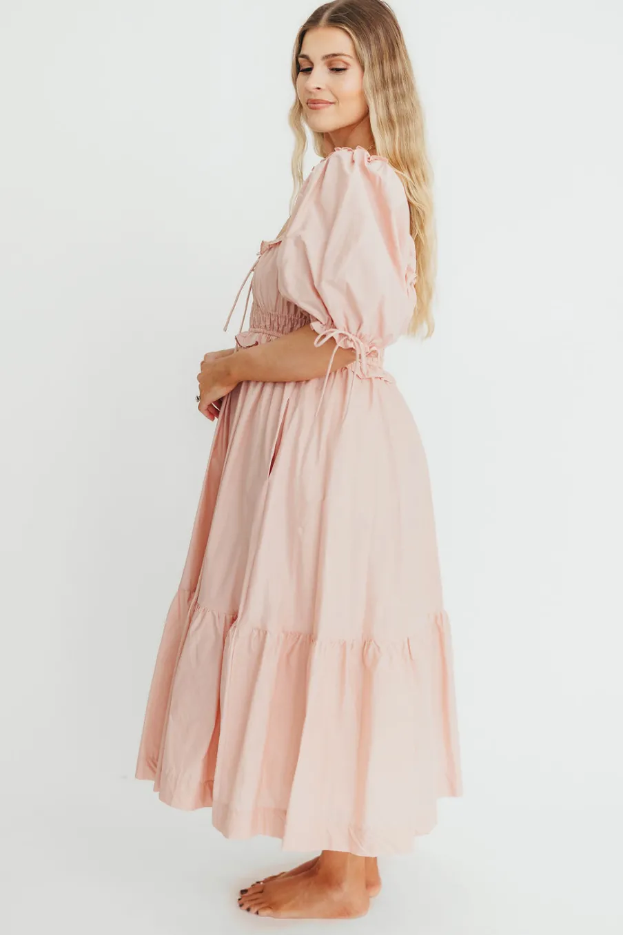 Clearance Worth Collective 100% Cotton Crissy Ruched Midi Dress in Dusty Pink - Bump Friendly