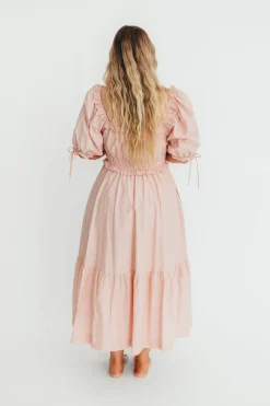 Clearance Worth Collective 100% Cotton Crissy Ruched Midi Dress in Dusty Pink - Bump Friendly