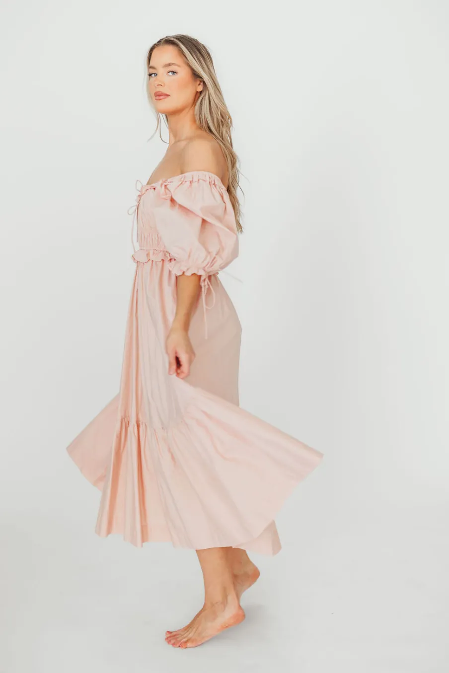 Clearance Worth Collective 100% Cotton Crissy Ruched Midi Dress in Dusty Pink - Bump Friendly