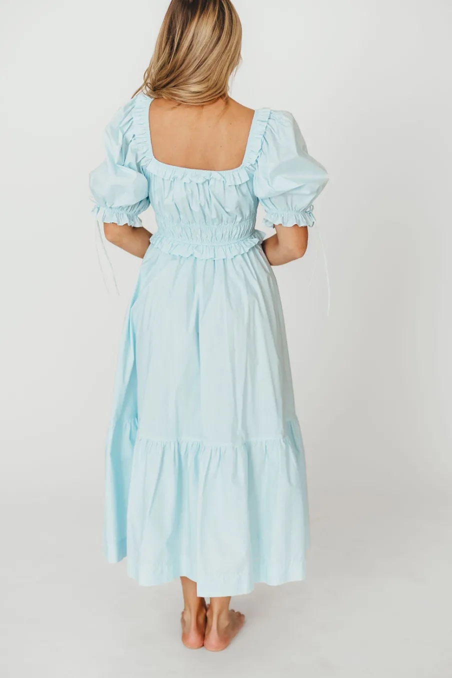 Clearance Worth Collective 100% Cotton Crissy Ruched Midi Dress in Baby Blue - Bump Friendly
