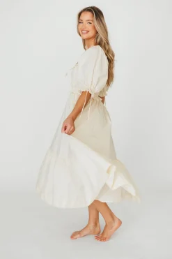 New Worth Collective 100% Cotton Crissy Ruched Midi Dress in Cream - Bump Friendly