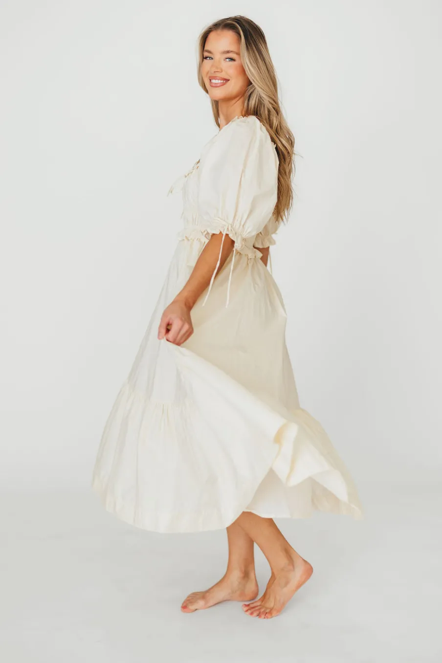 New Worth Collective 100% Cotton Crissy Ruched Midi Dress in Cream - Bump Friendly