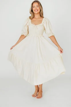 New Worth Collective 100% Cotton Crissy Ruched Midi Dress in Cream - Bump Friendly