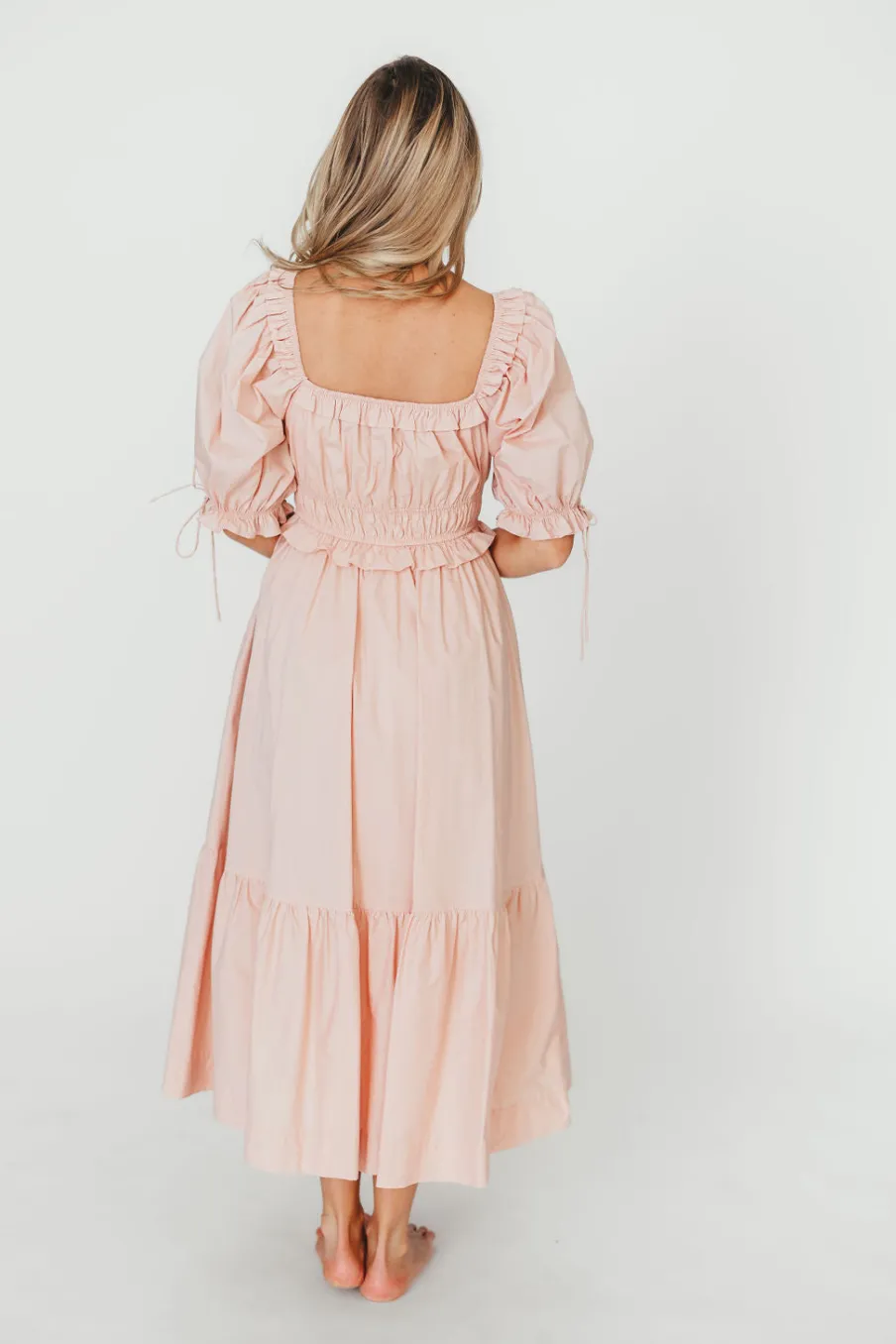 Clearance Worth Collective 100% Cotton Crissy Ruched Midi Dress in Dusty Pink - Bump Friendly