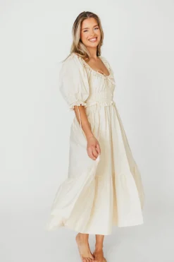 New Worth Collective 100% Cotton Crissy Ruched Midi Dress in Cream - Bump Friendly