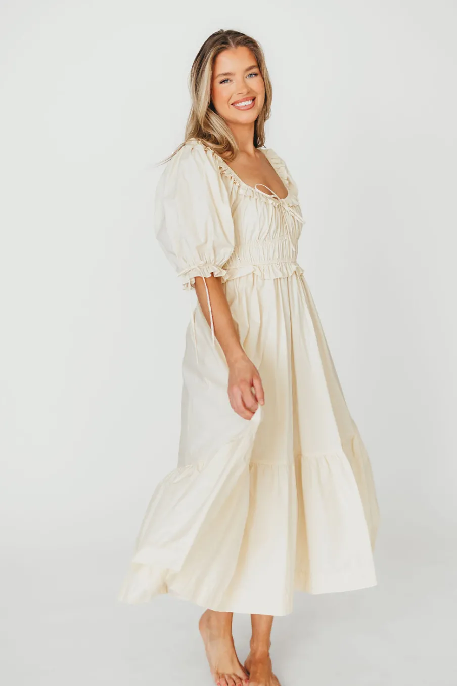 New Worth Collective 100% Cotton Crissy Ruched Midi Dress in Cream - Bump Friendly