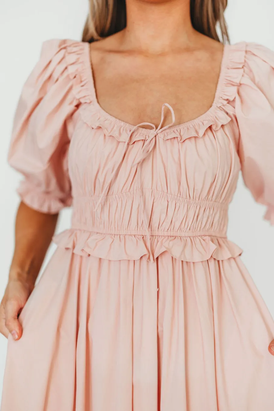 Clearance Worth Collective 100% Cotton Crissy Ruched Midi Dress in Dusty Pink - Bump Friendly