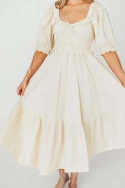 New Worth Collective 100% Cotton Crissy Ruched Midi Dress in Cream - Bump Friendly