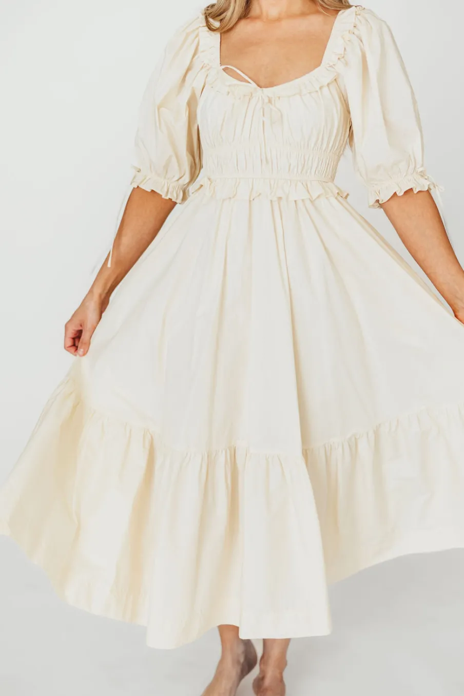New Worth Collective 100% Cotton Crissy Ruched Midi Dress in Cream - Bump Friendly