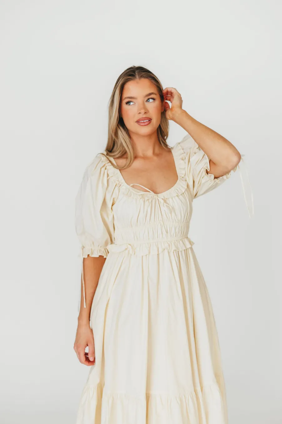 New Worth Collective 100% Cotton Crissy Ruched Midi Dress in Cream - Bump Friendly
