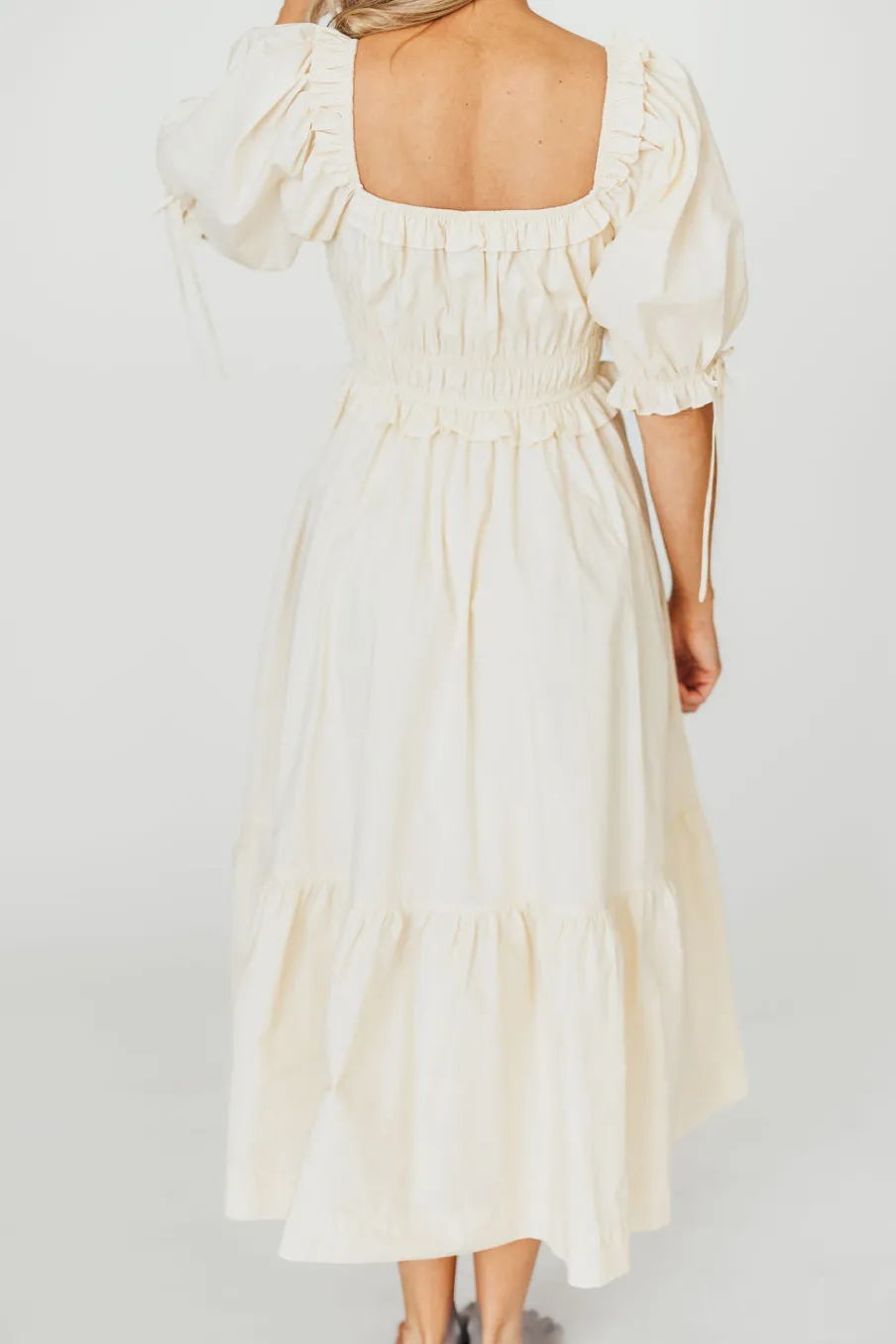 New Worth Collective 100% Cotton Crissy Ruched Midi Dress in Cream - Bump Friendly