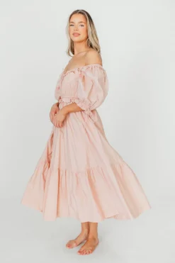 Clearance Worth Collective 100% Cotton Crissy Ruched Midi Dress in Dusty Pink - Bump Friendly