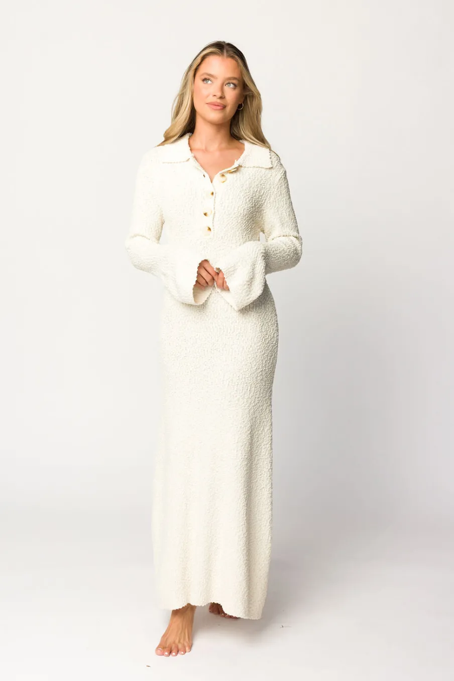 Best Worth Collective Courtney Boucle Maxi Shirt Dress in Cream- Nursing Friendly