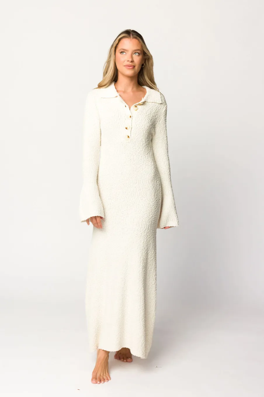 Best Worth Collective Courtney Boucle Maxi Shirt Dress in Cream- Nursing Friendly