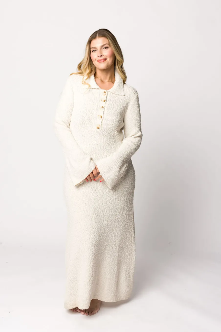 Best Worth Collective Courtney Boucle Maxi Shirt Dress in Cream- Nursing Friendly