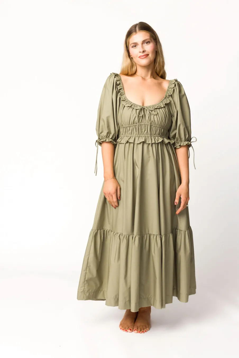 Hot Worth Collective Crissy Ruched Midi Dress in Dusty Olive - Bump Friendly