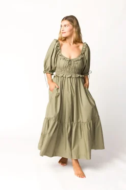 Hot Worth Collective Crissy Ruched Midi Dress in Dusty Olive - Bump Friendly