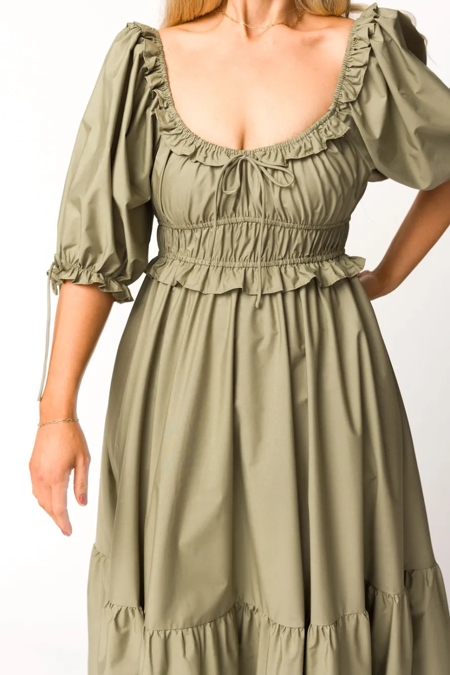 Hot Worth Collective Crissy Ruched Midi Dress in Dusty Olive - Bump Friendly
