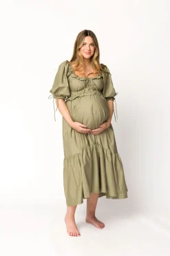 Hot Worth Collective Crissy Ruched Midi Dress in Dusty Olive - Bump Friendly