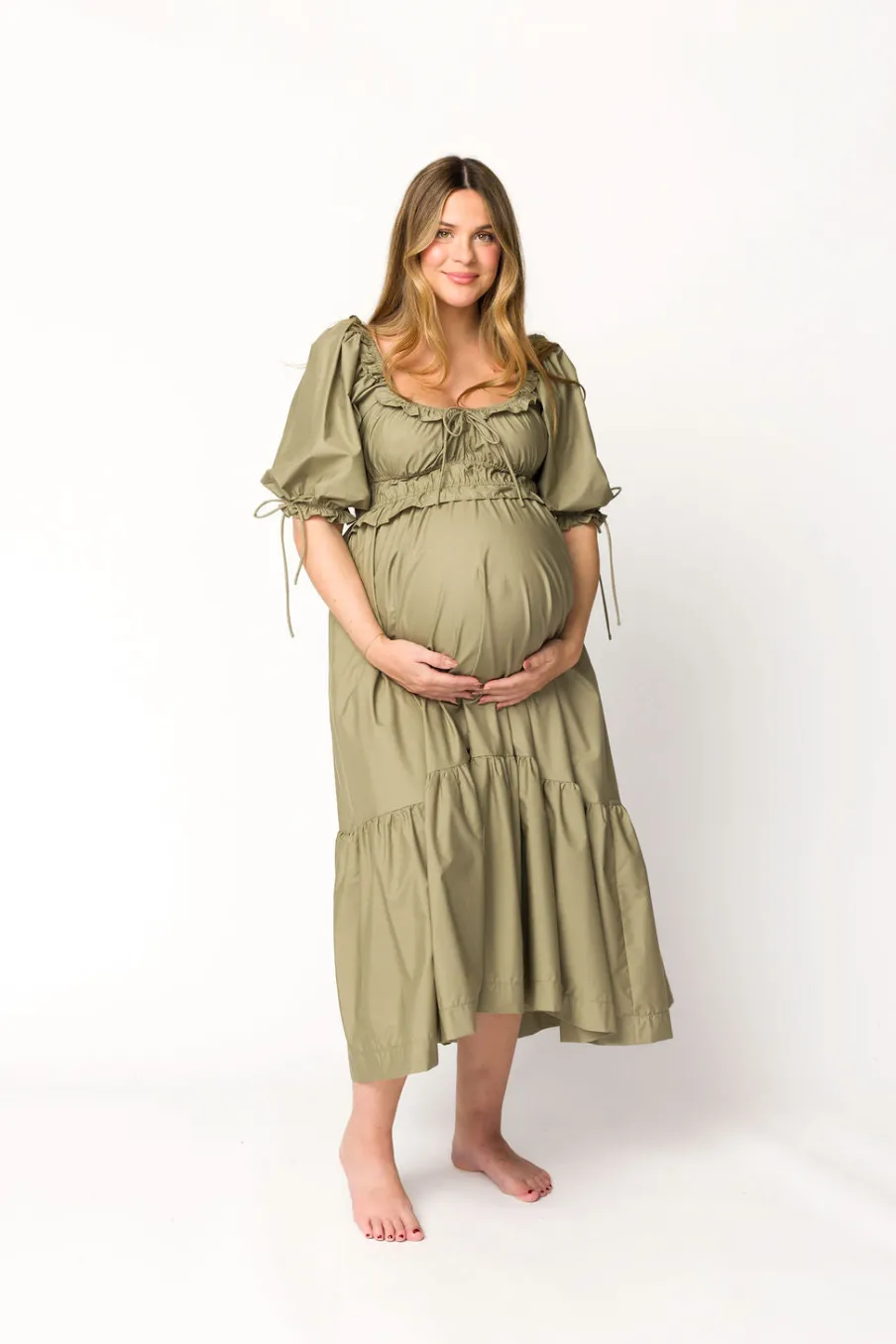 Hot Worth Collective Crissy Ruched Midi Dress in Dusty Olive - Bump Friendly