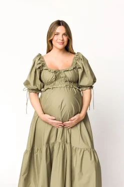 Hot Worth Collective Crissy Ruched Midi Dress in Dusty Olive - Bump Friendly