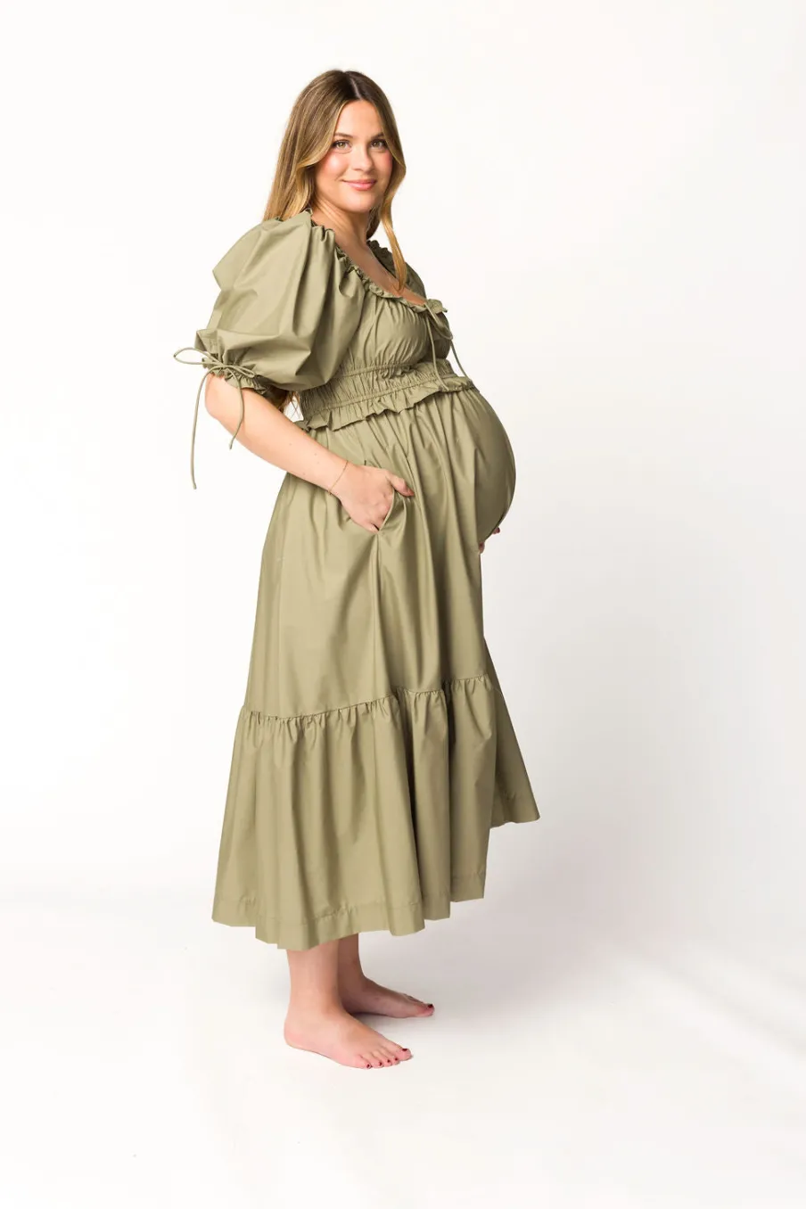 Hot Worth Collective Crissy Ruched Midi Dress in Dusty Olive - Bump Friendly