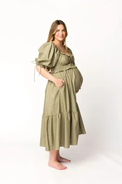 Hot Worth Collective Crissy Ruched Midi Dress in Dusty Olive - Bump Friendly