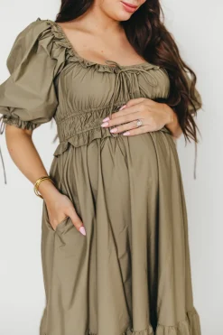 Hot Worth Collective Crissy Ruched Midi Dress in Dusty Olive - Bump Friendly