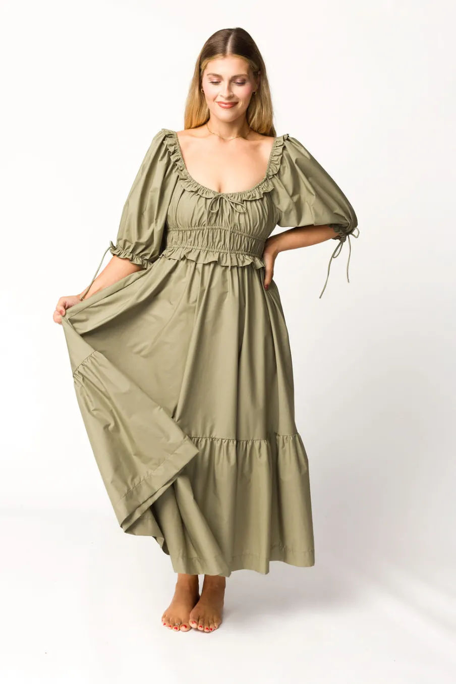 Hot Worth Collective Crissy Ruched Midi Dress in Dusty Olive - Bump Friendly