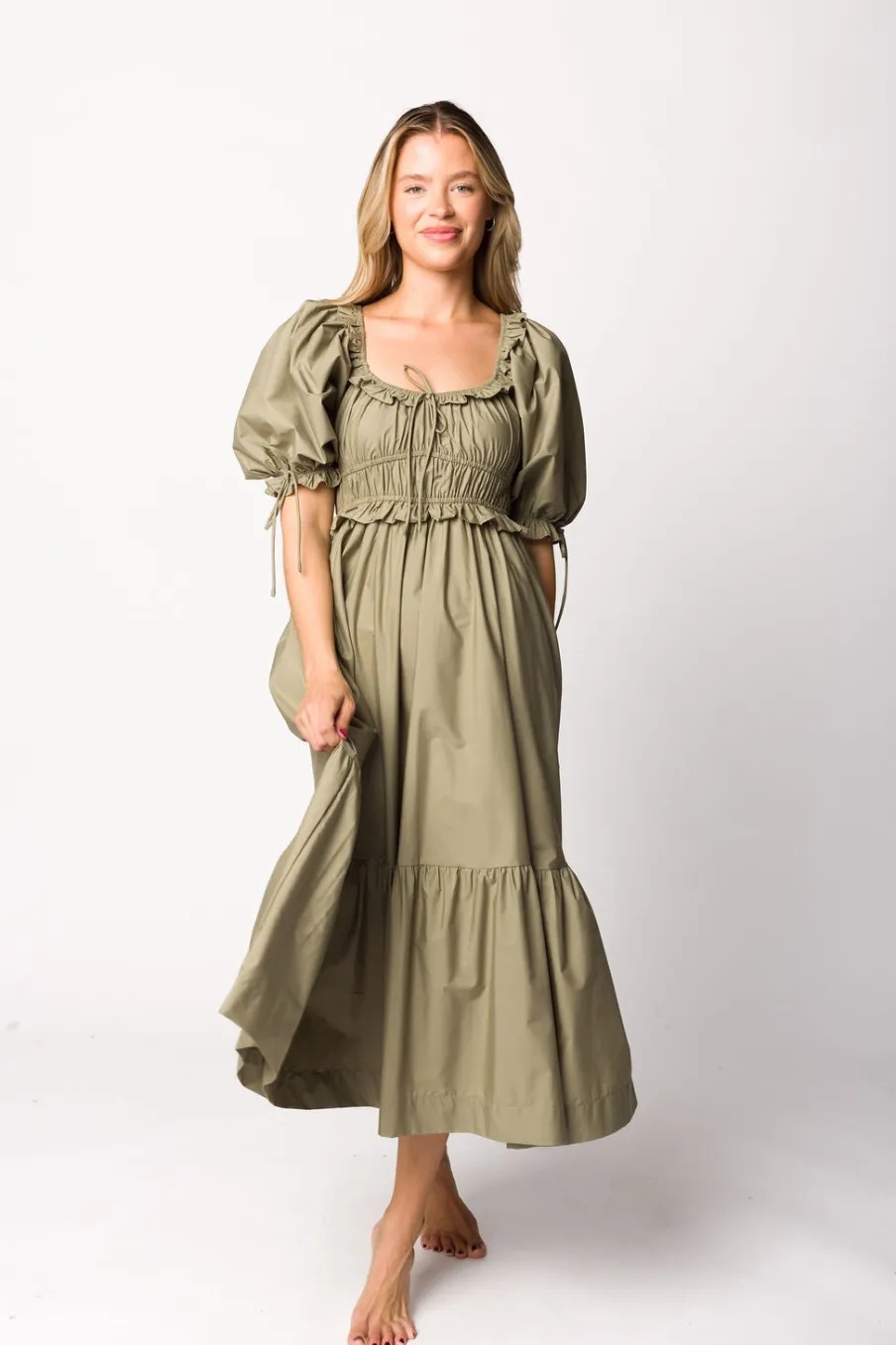 Hot Worth Collective Crissy Ruched Midi Dress in Dusty Olive - Bump Friendly
