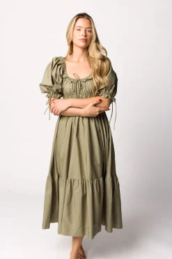 Hot Worth Collective Crissy Ruched Midi Dress in Dusty Olive - Bump Friendly