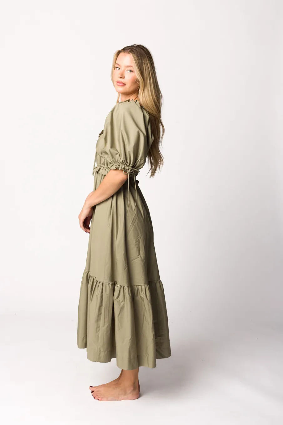 Hot Worth Collective Crissy Ruched Midi Dress in Dusty Olive - Bump Friendly