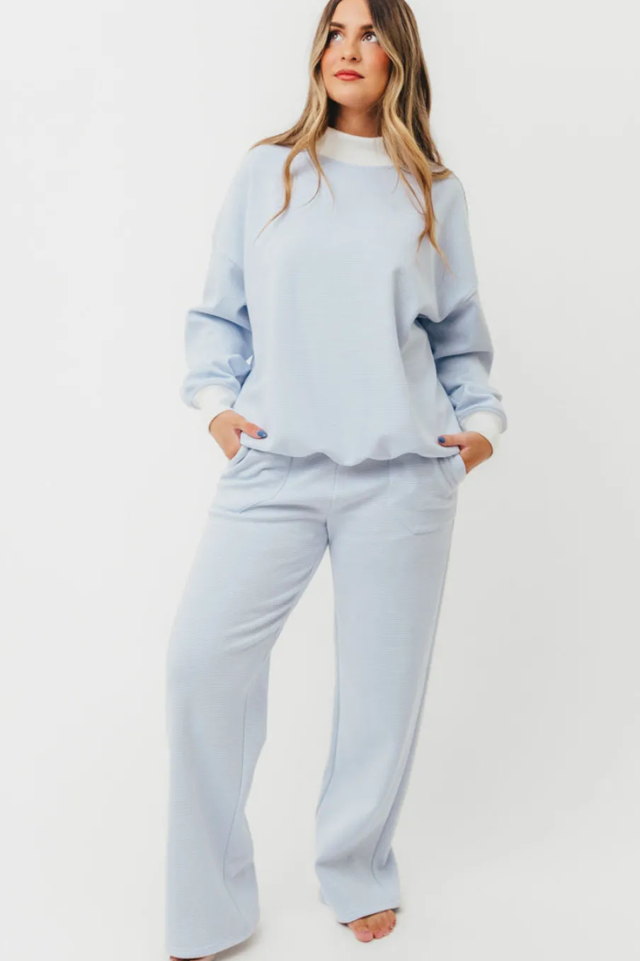 Clearance Worth Collective Cynthia Mini Striped Mock Neck Sweatshirt Blue and White