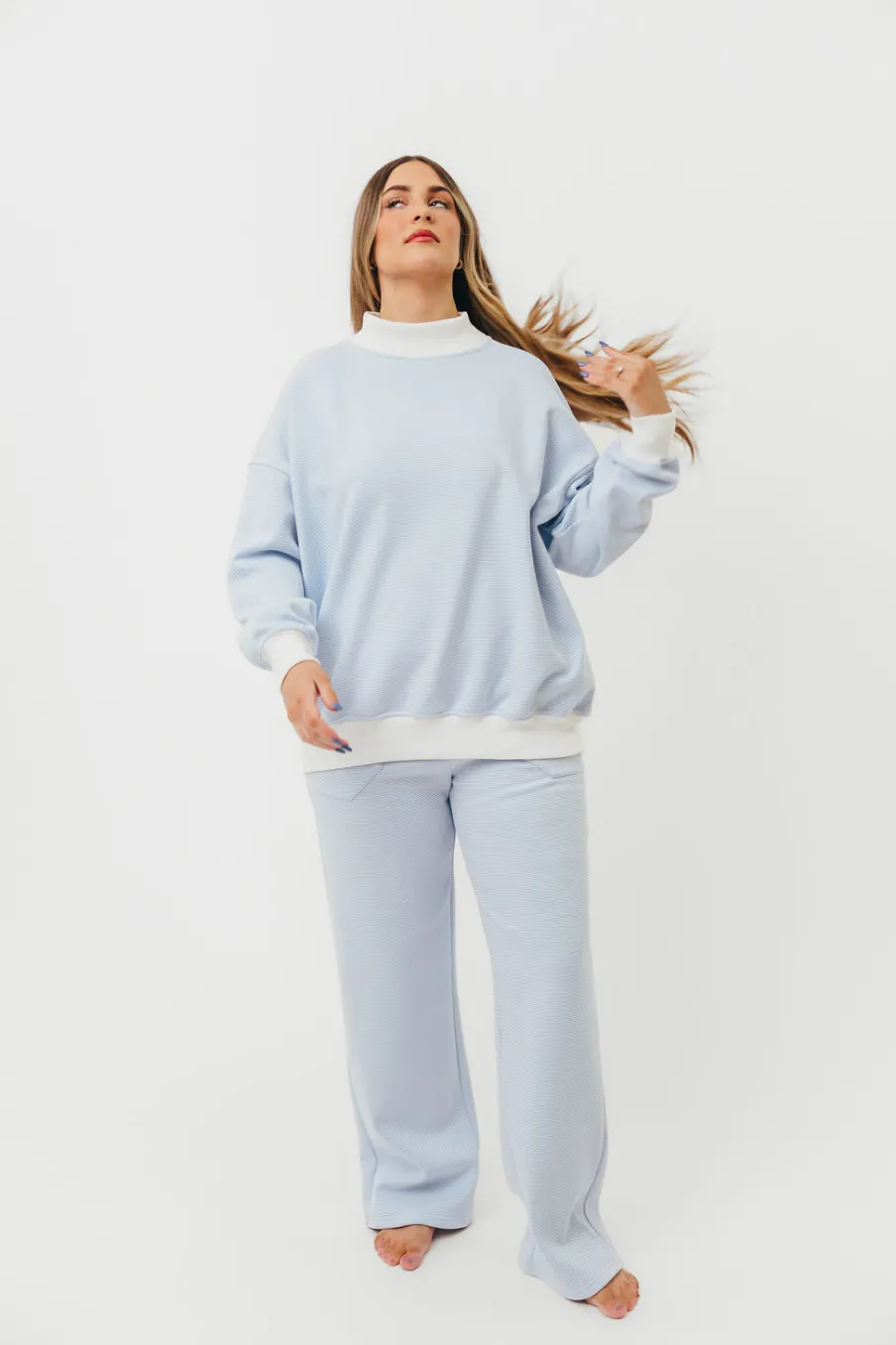 Clearance Worth Collective Cynthia Mini Striped Mock Neck Sweatshirt Blue and White