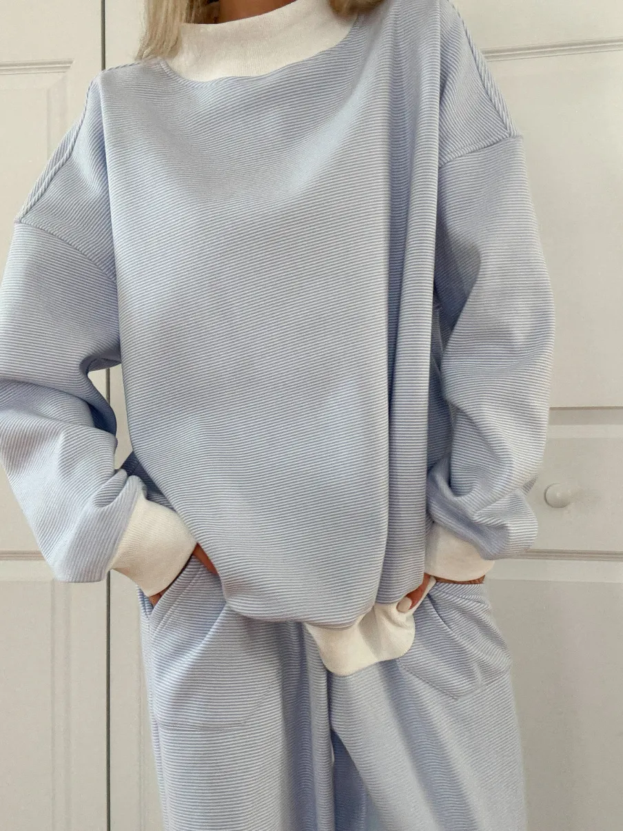 Clearance Worth Collective Cynthia Mini Striped Mock Neck Sweatshirt Blue and White